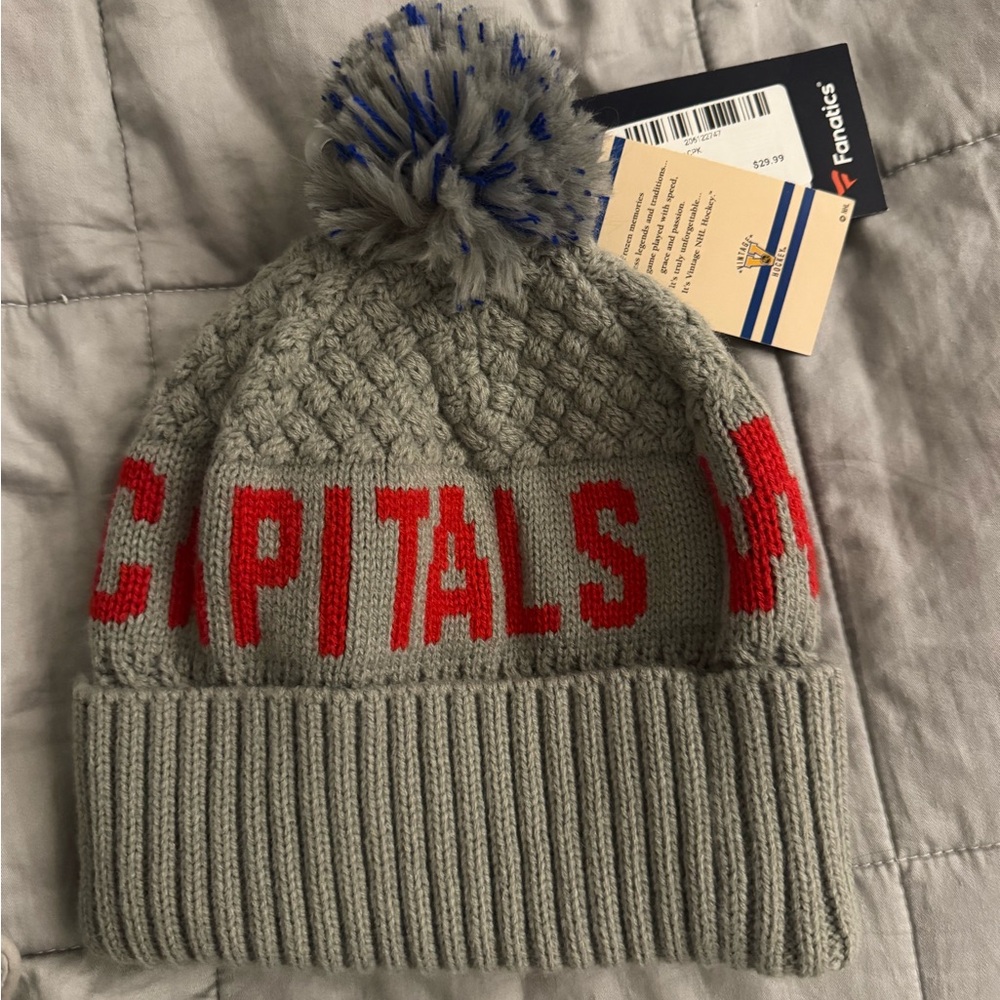 Fanatics Gray Washington Capitals Heritage Tilly Cuffed Knit Hat with Pom, NWT